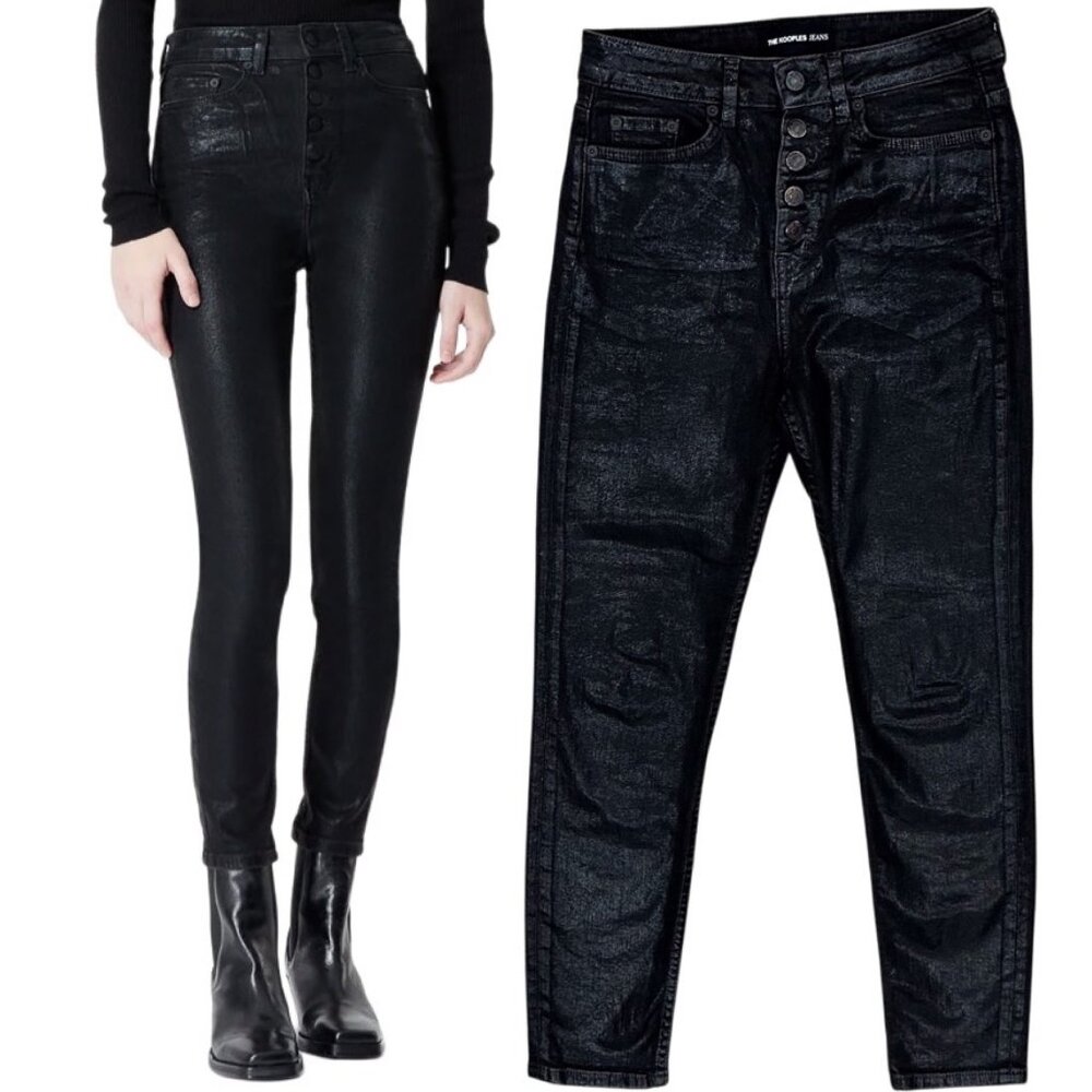 The Kooples Lizy Foiled Effect Coated Waxed Slim Fit Jeans in Black Size 27